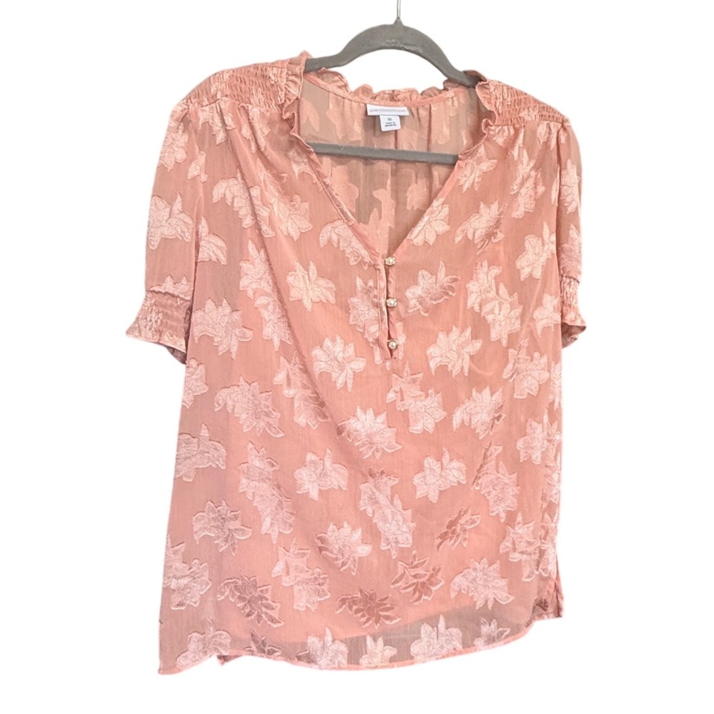 Liz Claiborne Blouse Floral Burnout XL Peach Excellent Y2K Pearl V-Neck